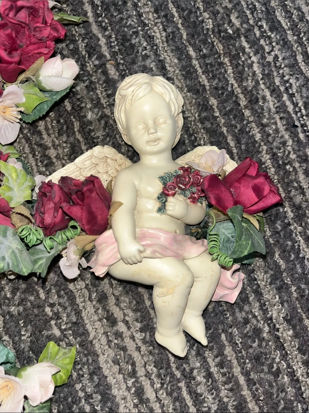 Decorative Cherub Wall Plaques with Burgundy Roses - Home Accents Resin